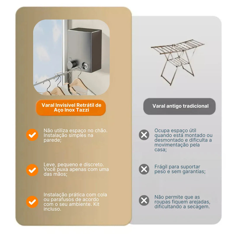 Varal Invisível Retrátil de Aço inox - Tazzi 🔥 QUEIMA DE ESTOQUE VERÃO